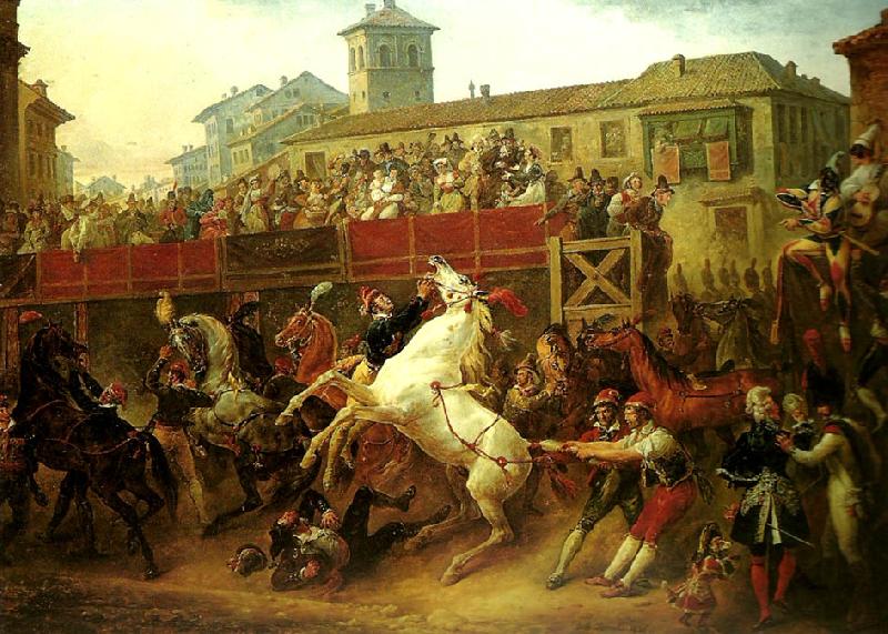 Theodore   Gericault carle vernet, la course de chevaux libres oil painting image